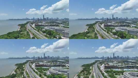 4K深圳湾滨海大道蓝天白云航拍高清在线视频素材下载