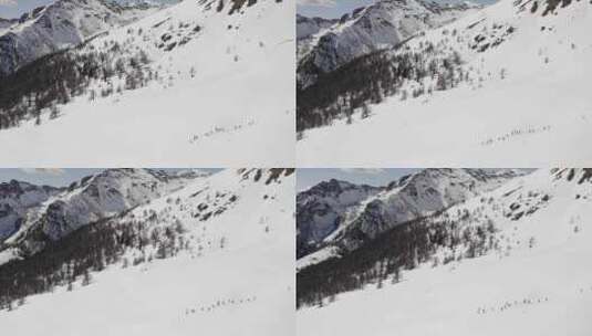 冬季空中俯瞰一群穿着雪鞋沿着雪坡徒步旅行的人高清在线视频素材下载