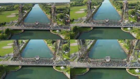 鸟瞰加拿大韦兰运河和桥梁。安大略省的航运路线高清在线视频素材下载