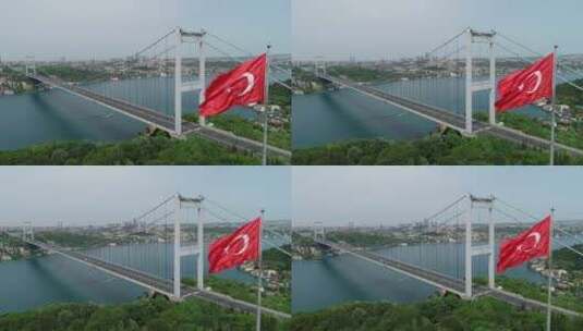 航拍大桥和土耳其国旗高清在线视频素材下载