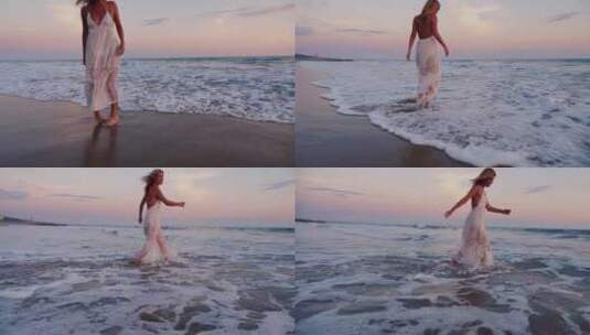 迷人的女人在日落时享受海滩高清在线视频素材下载
