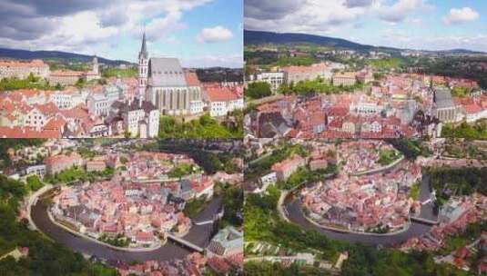 Cesky Krumlov，南波西米亚地区小城市的鸟瞰图高清在线视频素材下载