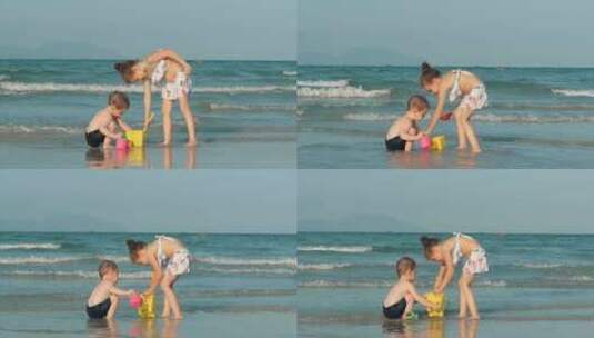 孩子们在海边玩沙子高清在线视频素材下载