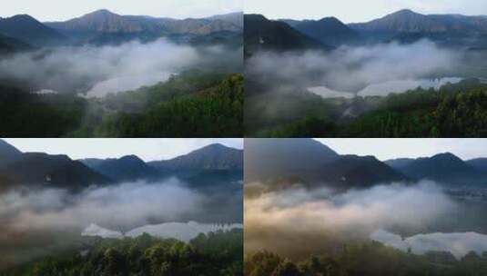 广州从化湖泊晨雾云彩航拍高清在线视频素材下载
