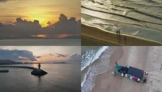 海上日出-朝霞，海滩，椰林，海边的人高清在线视频素材下载