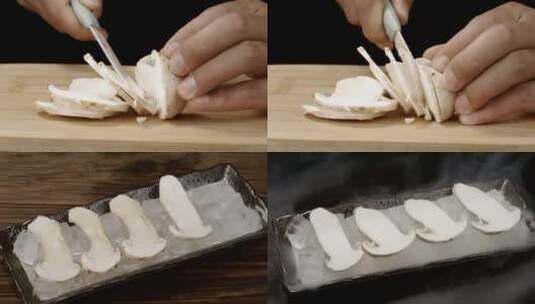 5K-切松茸，松茸展示，松茸刺身美味野生菌高清在线视频素材下载