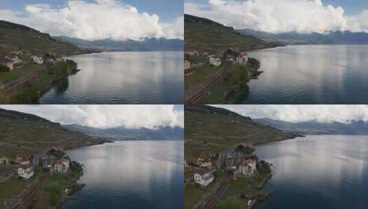 瑞士乡村美丽湖泊附近美丽建筑的天线高清在线视频素材下载