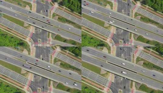高速公路天线，汽车和卡车移动鸟瞰图4k。四车道当地道路交通运输高清在线视频素材下载