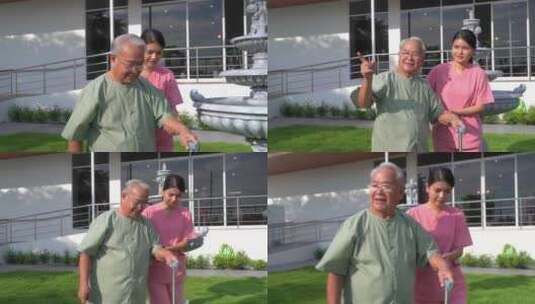 亚洲老年男性患者在护理人员女护士的帮助下高清在线视频素材下载