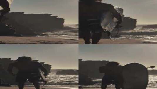 冲浪者漫步：带着冲浪板沿着海滩漫步高清在线视频素材下载