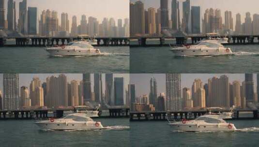 迪拜码头航行的豪华游艇高清在线视频素材下载