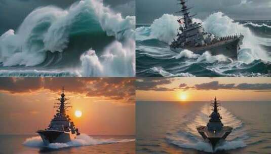震撼大气cg写实场景一组战舰乘风破浪远航高清在线视频素材下载