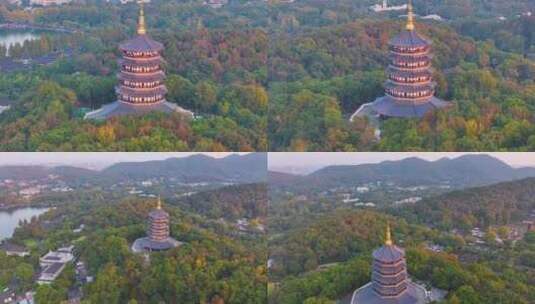 唯美杭州西湖雷峰塔景区大自然风光群山航拍高清在线视频素材下载