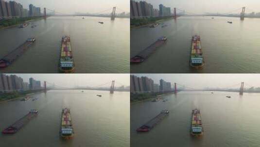 湖北省武汉市长江航运集装箱货轮4k航拍视频高清在线视频素材下载