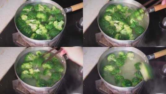 清洗西蓝花煮绿菜花做饭焯水高清在线视频素材下载