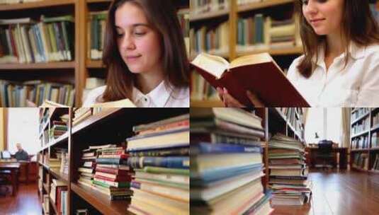 美女在图书馆认真的学习看书阅览室ai素材高清在线视频素材下载