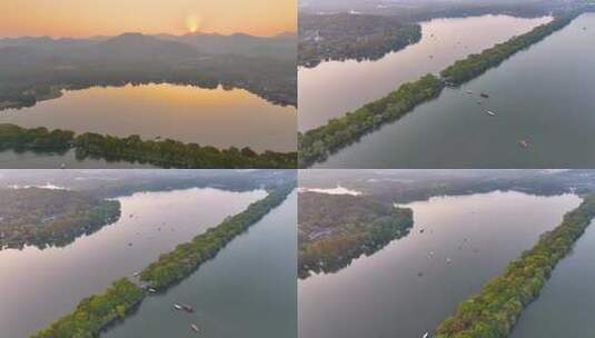 唯美夕阳西下杭州西湖美景大自然风光航拍杭高清在线视频素材下载