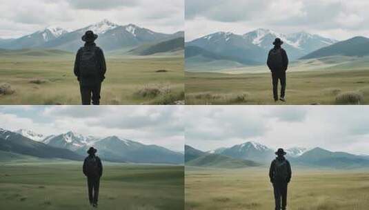 男子背背包眺望远方山脉高清在线视频素材下载