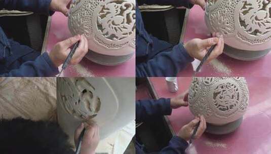 陶瓷刻花玲珑工匠雕刻陶瓷工艺品高清在线视频素材下载