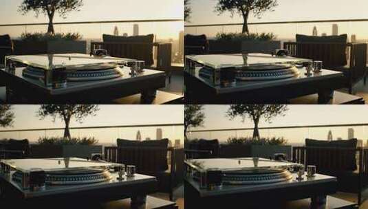 露台黑胶唱片机黄昏场景高清在线视频素材下载