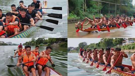 男子在河道划龙舟比赛画面高清在线视频素材下载