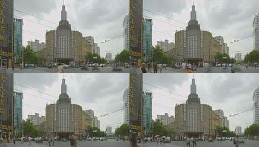 上海百乐门建筑人流车流慢门高清在线视频素材下载