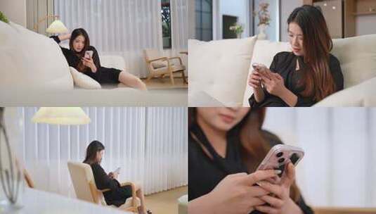 女生居家惬意玩手机高清在线视频素材下载