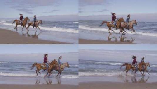 两个女人在海边一起骑马高清在线视频素材下载