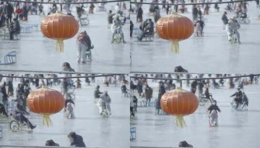 北京什刹海冰场滑溜冰车冬节日运动北方春节高清在线视频素材下载