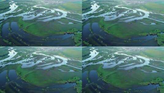航拍水源丰沛的湿地河流高清在线视频素材下载
