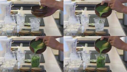 冰抹茶绿茶用竹筒煮制的过程高清在线视频素材下载