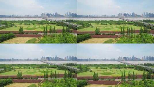 杭州滨江奥体中心杭州标志大草坪航拍高清在线视频素材下载
