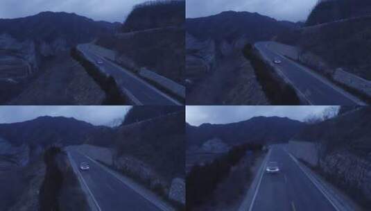 航拍傍晚停在山路旁的红色汽车 车头角度 推高清在线视频素材下载