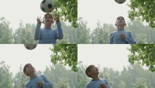 小男孩在户外玩足球高清在线视频素材下载