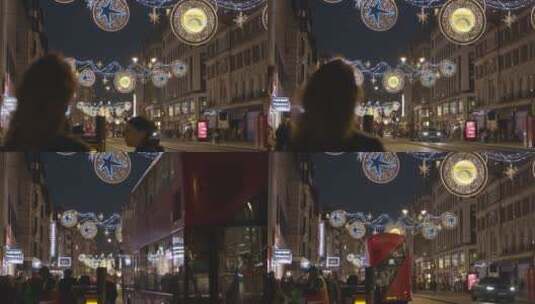 英国伦敦牛津街上空的圣诞灯和装饰品高清在线视频素材下载