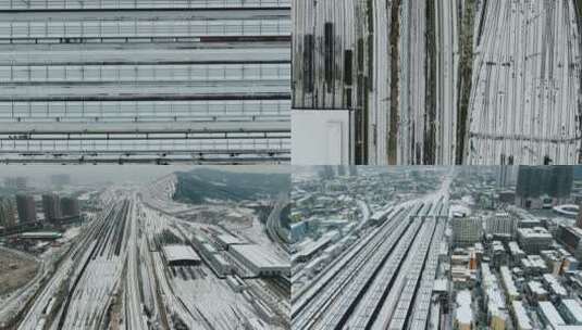 火车轨道冬天雪景4K航拍高清在线视频素材下载