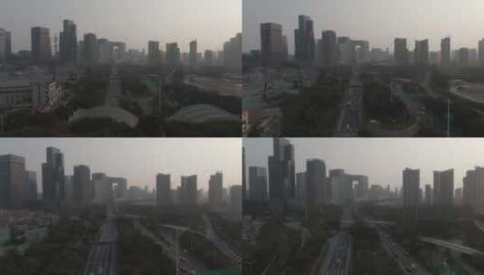 雾霾下的城市景观航拍高清在线视频素材下载