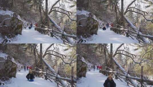 快乐小孩冬季毕棚沟滑雪玩耍高清在线视频素材下载