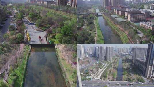 4K春天长沙圭塘河风景航拍空镜高清在线视频素材下载