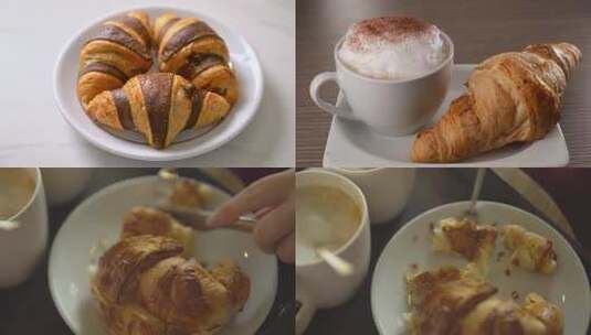 羊角面包 咖啡 法式营养早餐高清在线视频素材下载