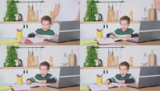 男孩学生在笔记本电脑上听在线课程高清在线视频素材下载