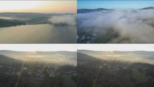 4K山村河边晨雾流动高清在线视频素材下载