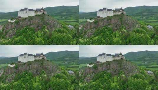匈牙利弗泽尔山顶上中世纪城堡的鸟瞰图高清在线视频素材下载