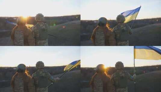 乌克兰军队士兵在日落背景下升起乌克兰国旗高清在线视频素材下载