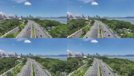 4K深圳滨海大道蓝天白云航拍高清在线视频素材下载