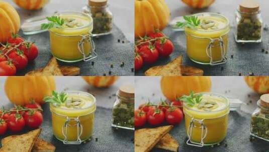 奶油南瓜汤配面包和西红柿高清在线视频素材下载