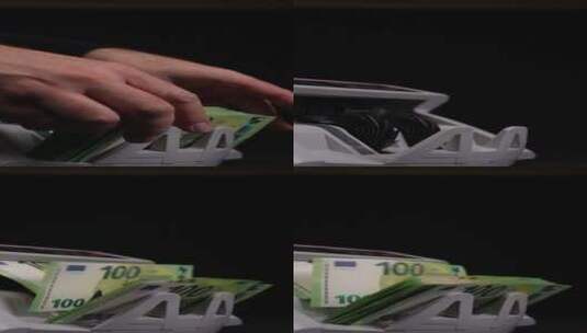 用点钞机数欧元纸币，垂直视频06高清在线视频素材下载