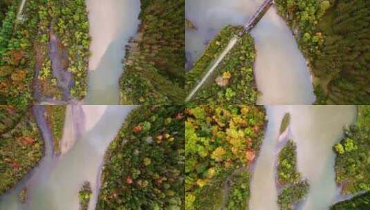 初秋，无人驾驶飞机在密歇根北部的河流上空拍摄，展示了变化的环境高清在线视频素材下载