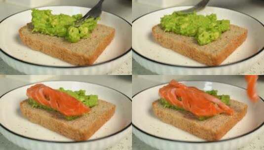 健康早餐牛油果吐司三文鱼4K高清在线视频素材下载