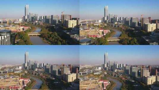 航拍上海张江高科园区上海科学之门双子楼高清在线视频素材下载